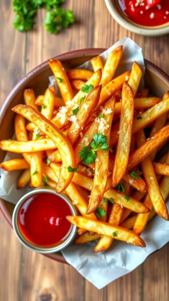 Crispy garlic parmesan french fries garnished with parsley and parmesan, served with marinara sauce on a wooden table.